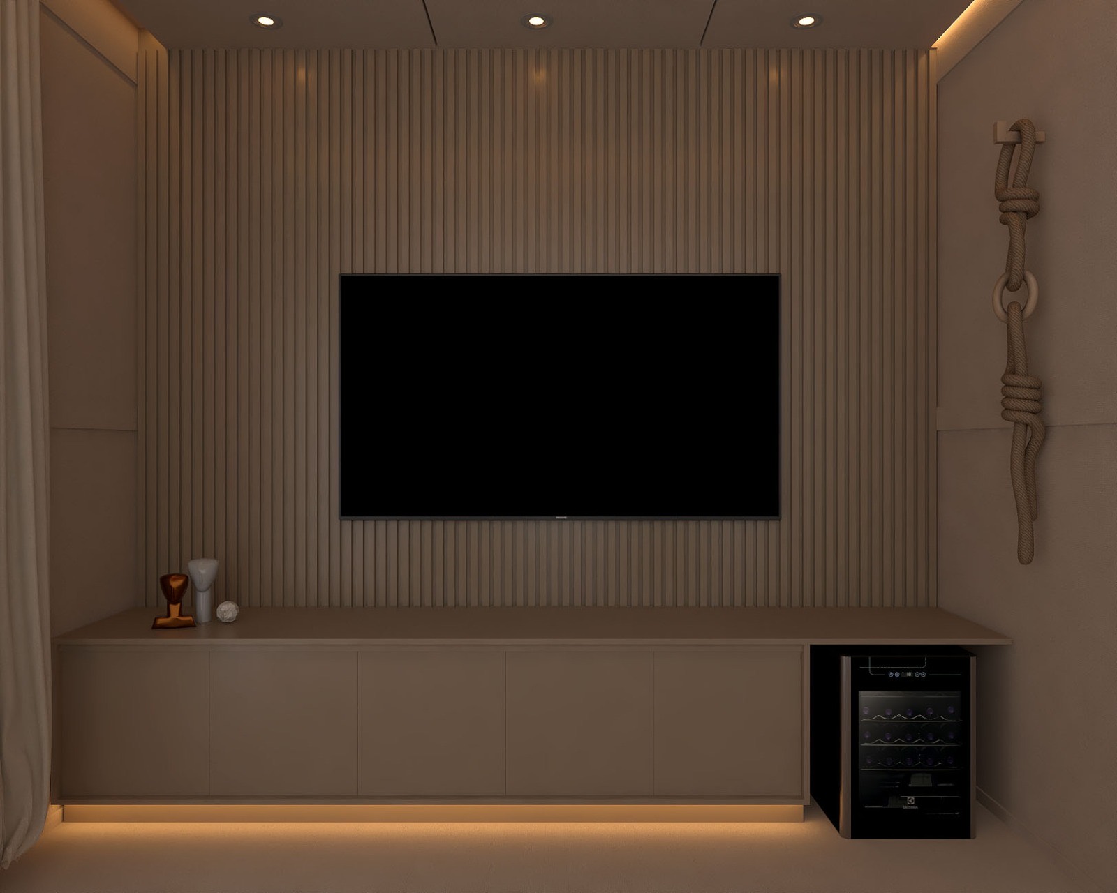 Detalhe de painel ripado iluminado em ambiente de cinema