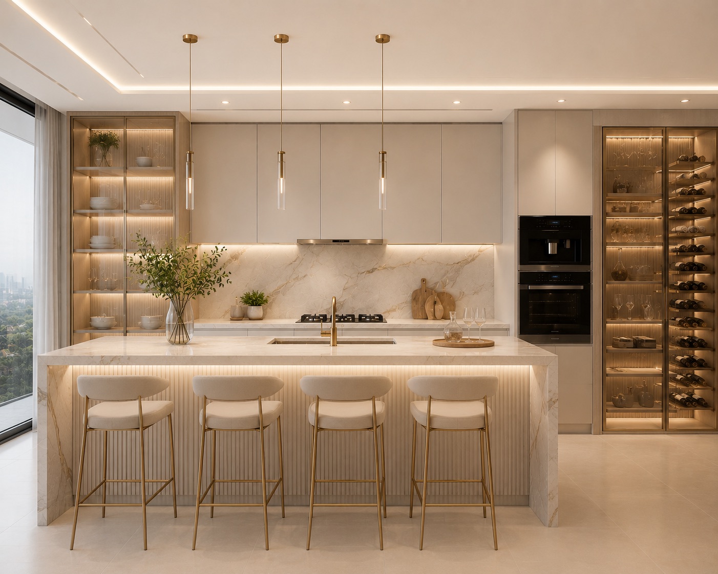 Cozinha sofisticada com ilha de mármore, pendentes e detalhes em dourado e adega climatizada