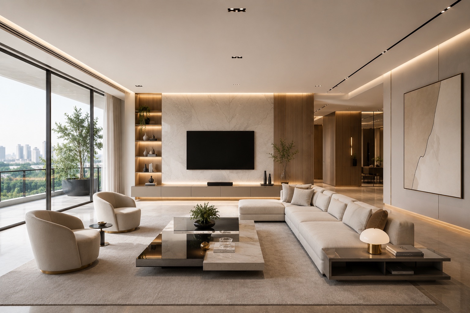 Sala de estar ampla com sofá em L, painel de mármore com TV e vista para a cidade