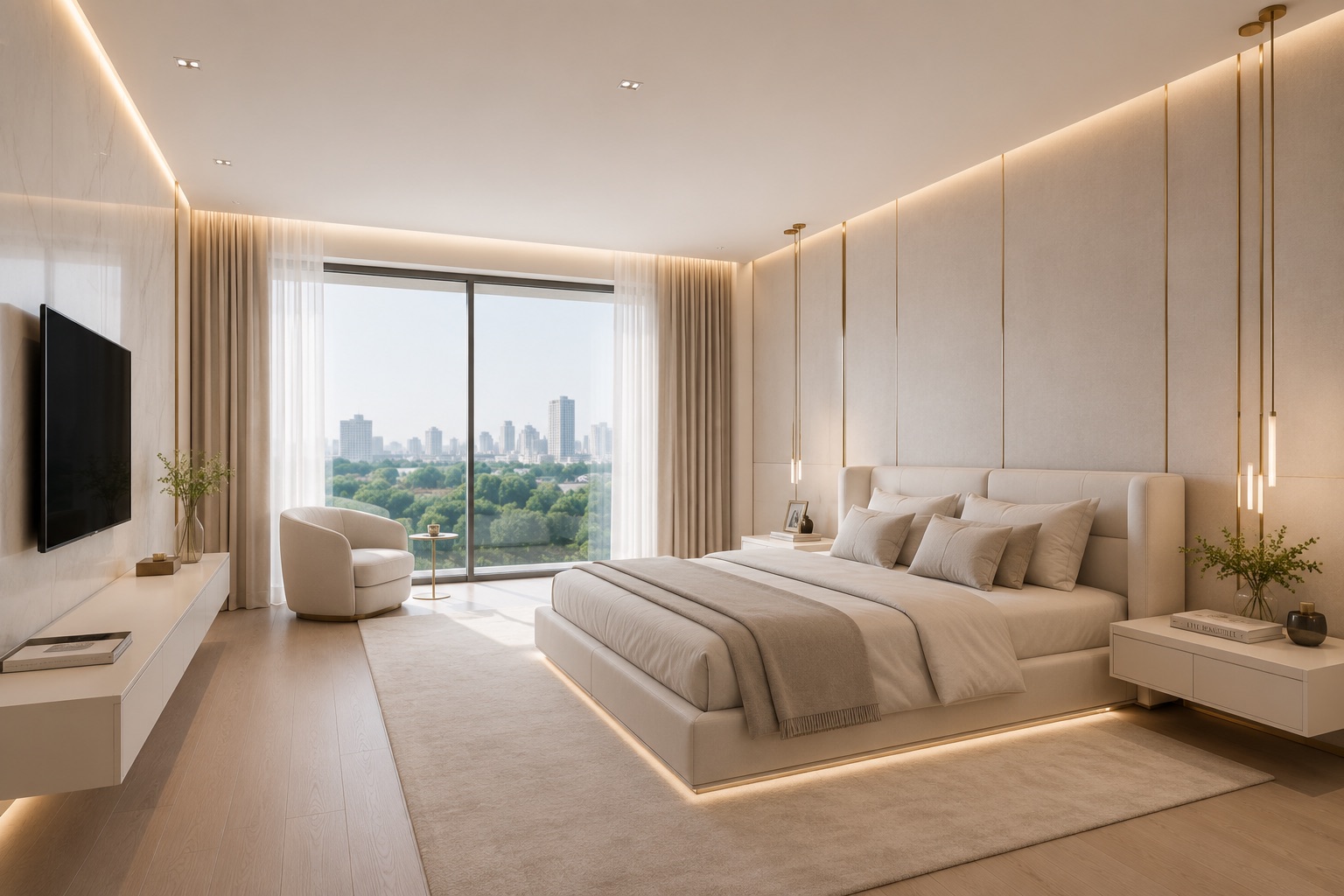 Suíte com cama king, iluminação de LED embutida e amplo janelão com vista urbana